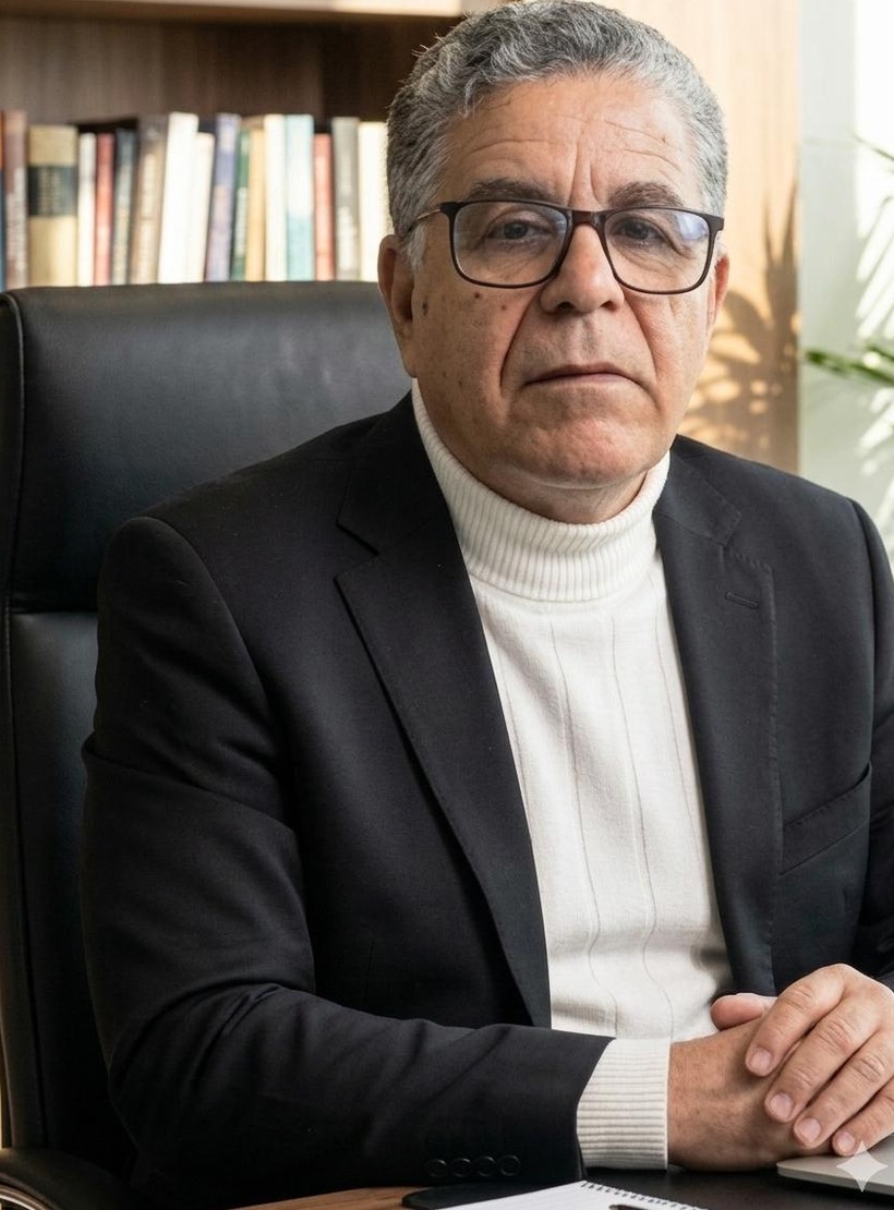 El Houcine Labaaj à sa table de travail, devant sa bibliothèque.